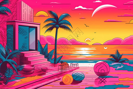 蒸汽波风格的粉色沙滩风景图片