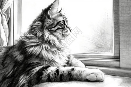 黑白窗户绘画的猫咪插画插画
