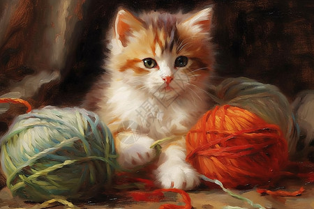 羊毛纱线纱线堆里的猫咪油画插画