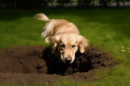 夏天草地上挖坑埋藏零食的小狗图片