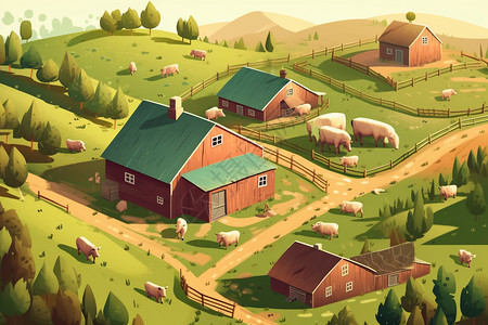 创意乡村农场平面插图图片