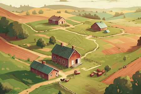 宁静的乡村农场平面插图图片