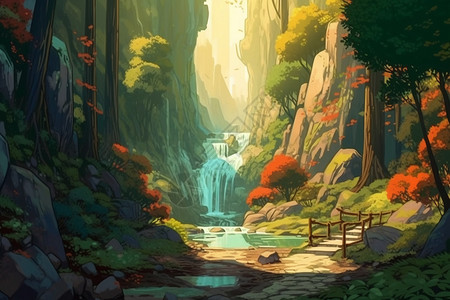 森林中的瀑布创意插图图片