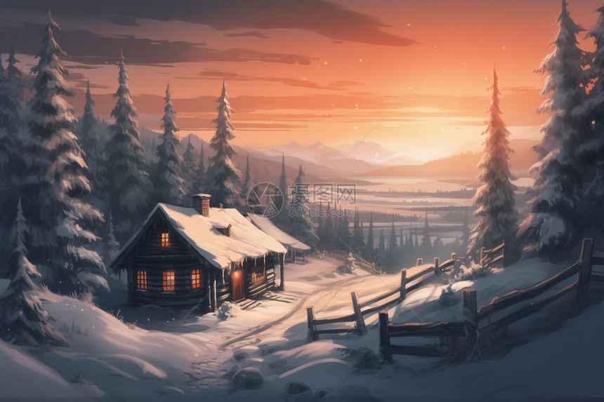 日落时白雪覆盖的森林小屋图片