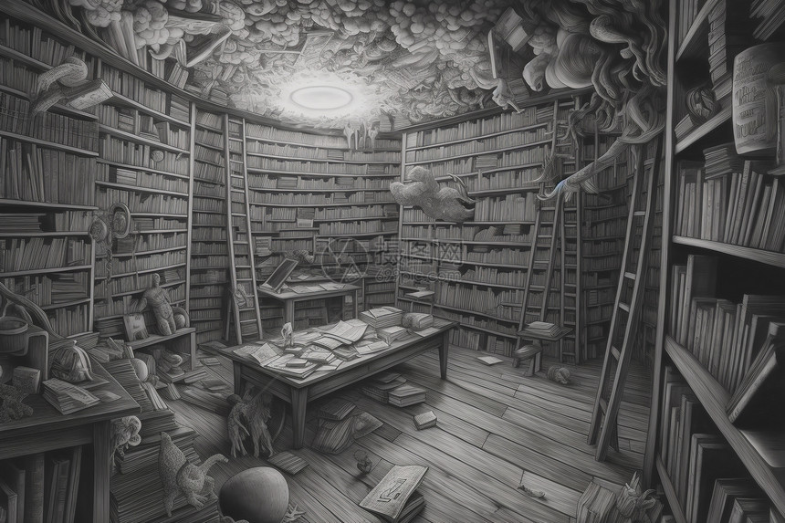 超现实主义的图书馆插图图片
