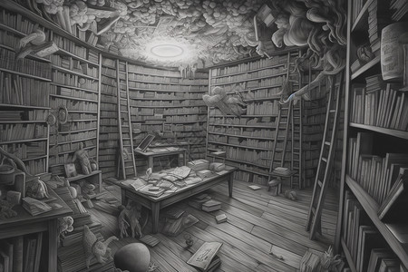 梦想照进现实超现实主义的图书馆插图插画