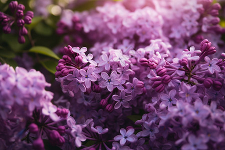 夏天丁香花花园中盛开的紫丁香花背景