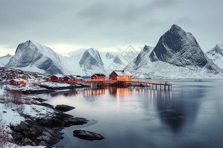 挪威村庄欧洲雪山村庄的美丽景观背景