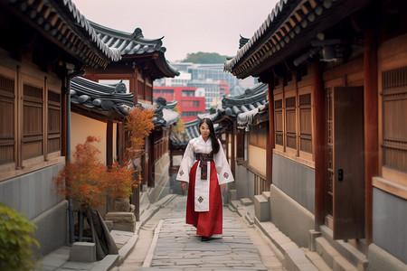 在韩国古建筑观光的女孩高清图片