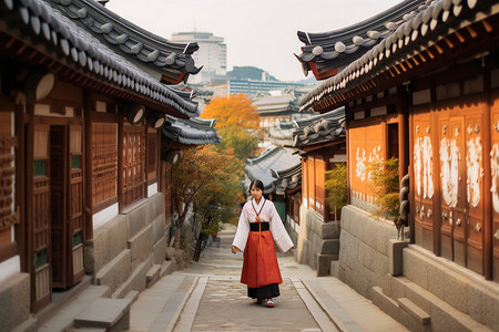 行走在韩国古巷里的人图片