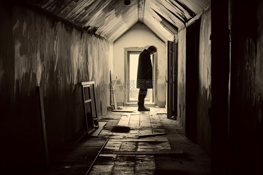 破旧房屋里的孤独男人图片
