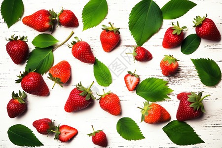 木桌上新鲜采摘的草莓背景图片