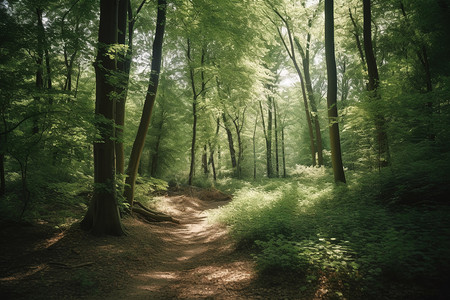 阳光照射的森林景观图片