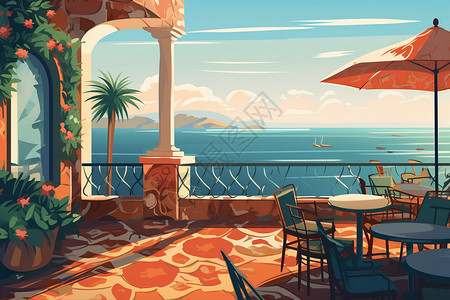 露台餐厅美丽的地中海餐厅插图插画