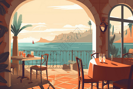 俯瞰海景地中海餐厅的平面插图插画
