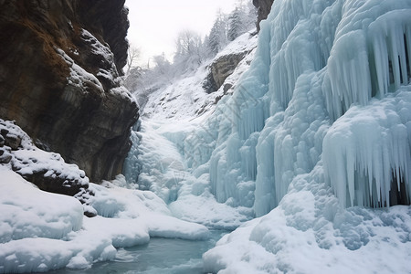 冻结冰柱的瀑布景观图片