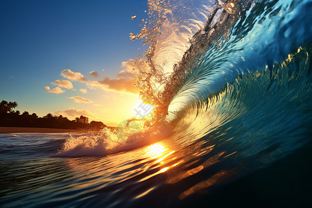 夏天结束时黄昏时冲浪者身后的海浪背景