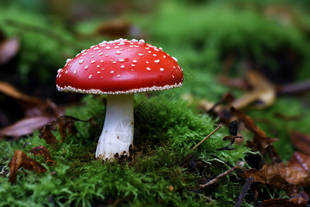 苔藓上的毒蘑菇高清图片