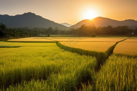 夏天乡村种植的水稻田图片