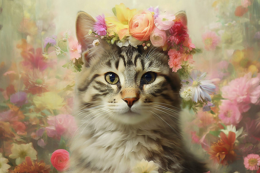 手绘戴着花冠的猫咪插图图片
