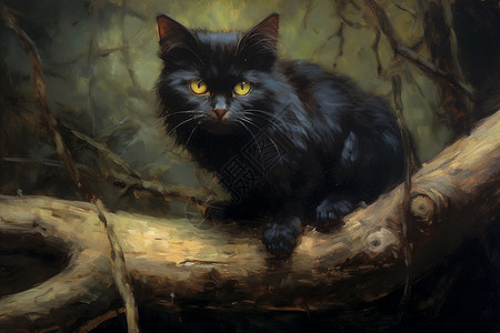 黑色猫咪的油画插图背景图片