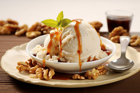 餐盘中的坚果冰淇淋图片