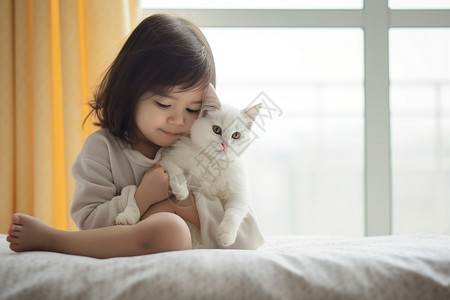 床上抱小猫的小女孩图片