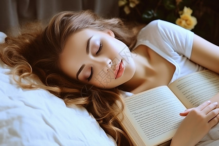 抱着书睡觉的女士图片
