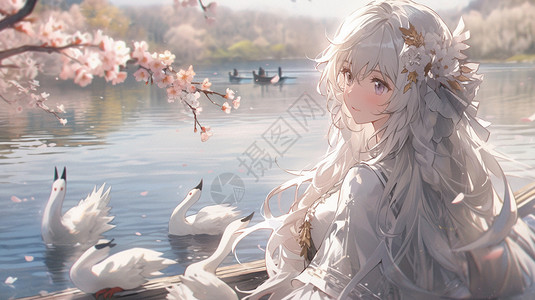 湖中的美丽女孩背景图片