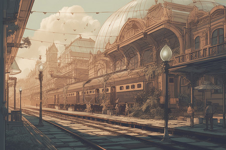 浪漫而梦幻的火车站插图背景图片