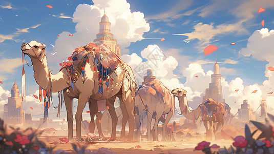 沙漠里的骆驼群背景图片