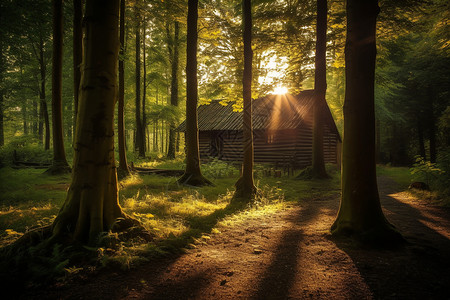 夏季森林中的小木屋图片