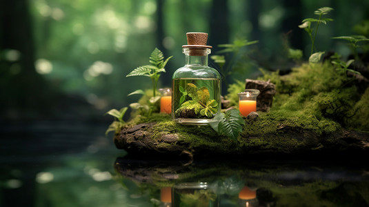 原生态森林里的玻璃瓶图片