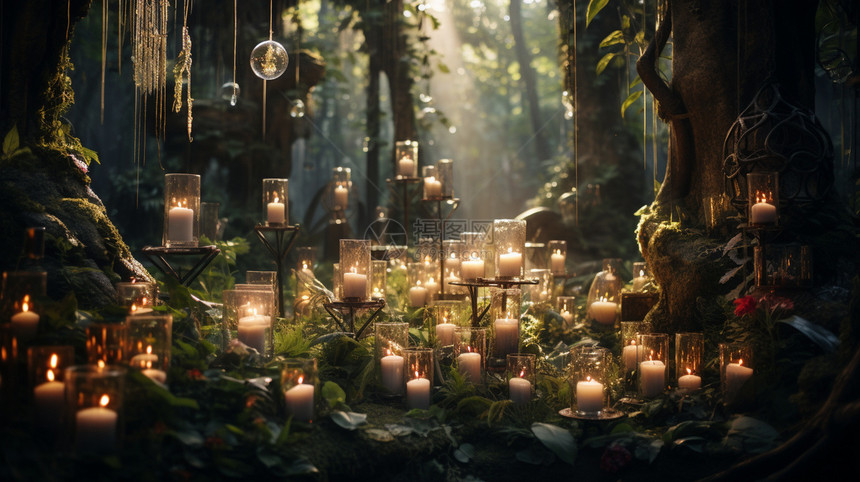 森林里点亮的蜡烛图片
