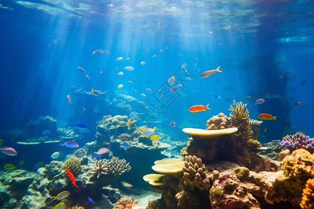 深海中的鱼群和珊瑚群背景图片