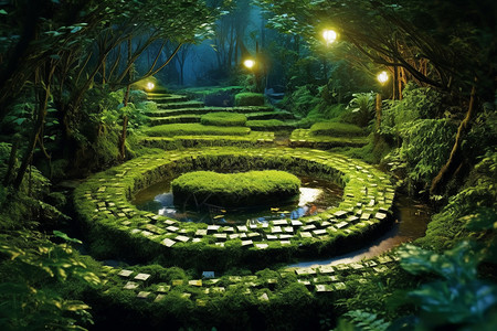 花园迷宫布满苔藓的池塘设计图片