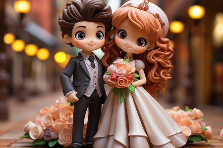 卡通礼服夫妇的温馨婚礼背景