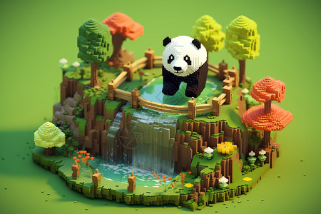 像素块植物小湖泊上的玩具熊猫背景