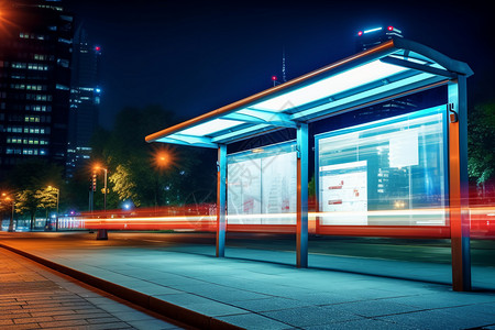 公交站牌夜间照明的广告牌设计图片