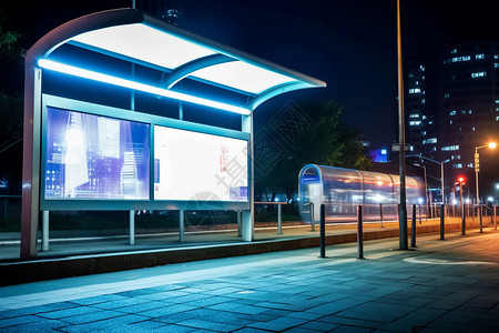 夜间照明城市车站的广告牌设计图片