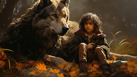 小男孩和小狼图片