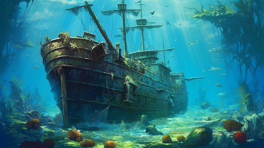 水下巨大的沉船背景图片