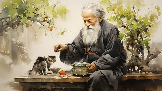 年迈的老爷爷和小猫背景图片
