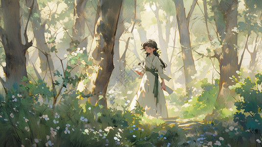 森林里的女孩背景图片