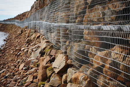 海边的石笼铁丝网护栏高清图片