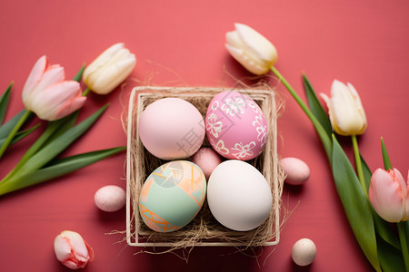 复活节鸡蛋和郁金香图片