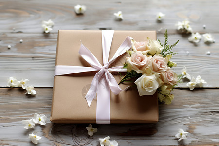 丝带包装的礼物和花朵图片