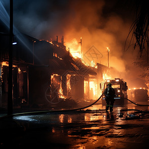 救援失火房屋的消防员背景图片