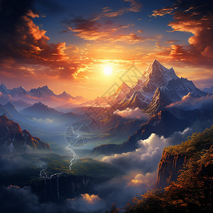 耸立的山脉和日出图片
