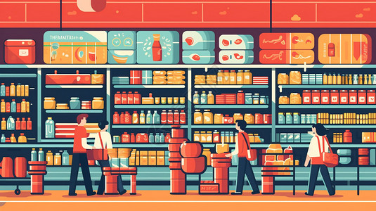 繁忙的购物超市平面插图背景图片